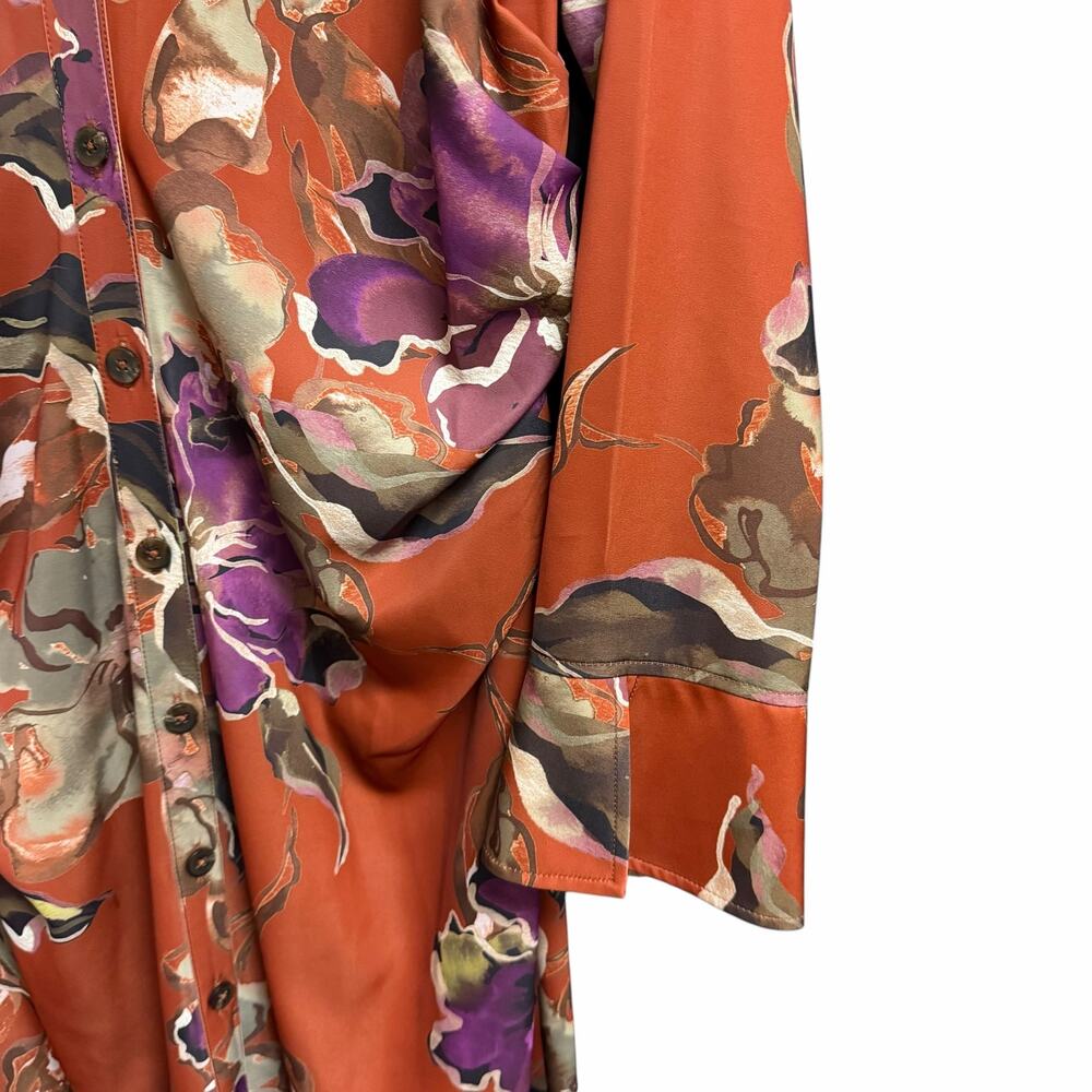 Donna Karan New York Orange Floral Print Button Front Midi Shirt Dress Womens 14 - Picture 4 of 11